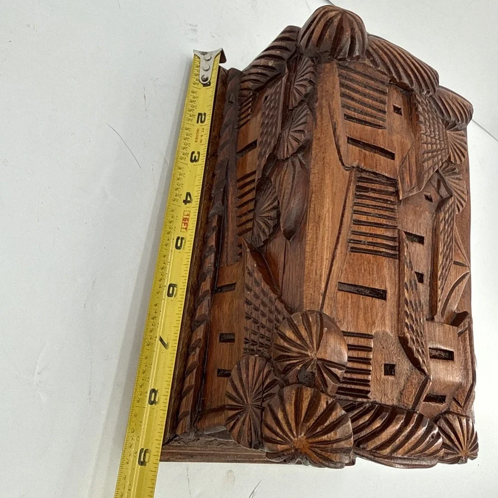Vintage Hand Carved Folk Art Wooden Jewelry Trinket Box Red Velvet Lined